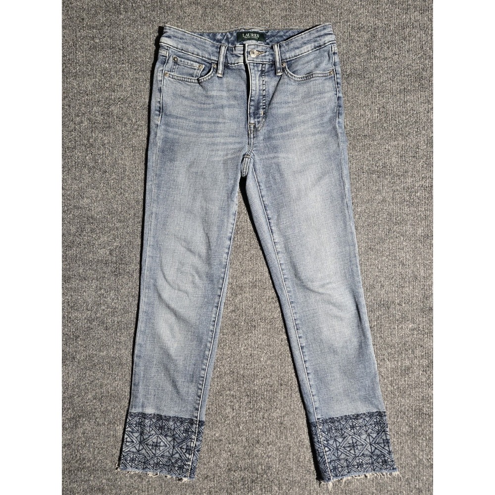 Lauren Ralph Lauren Embroidered Straight Leg Cropped Blue Jeans Women's Size 2